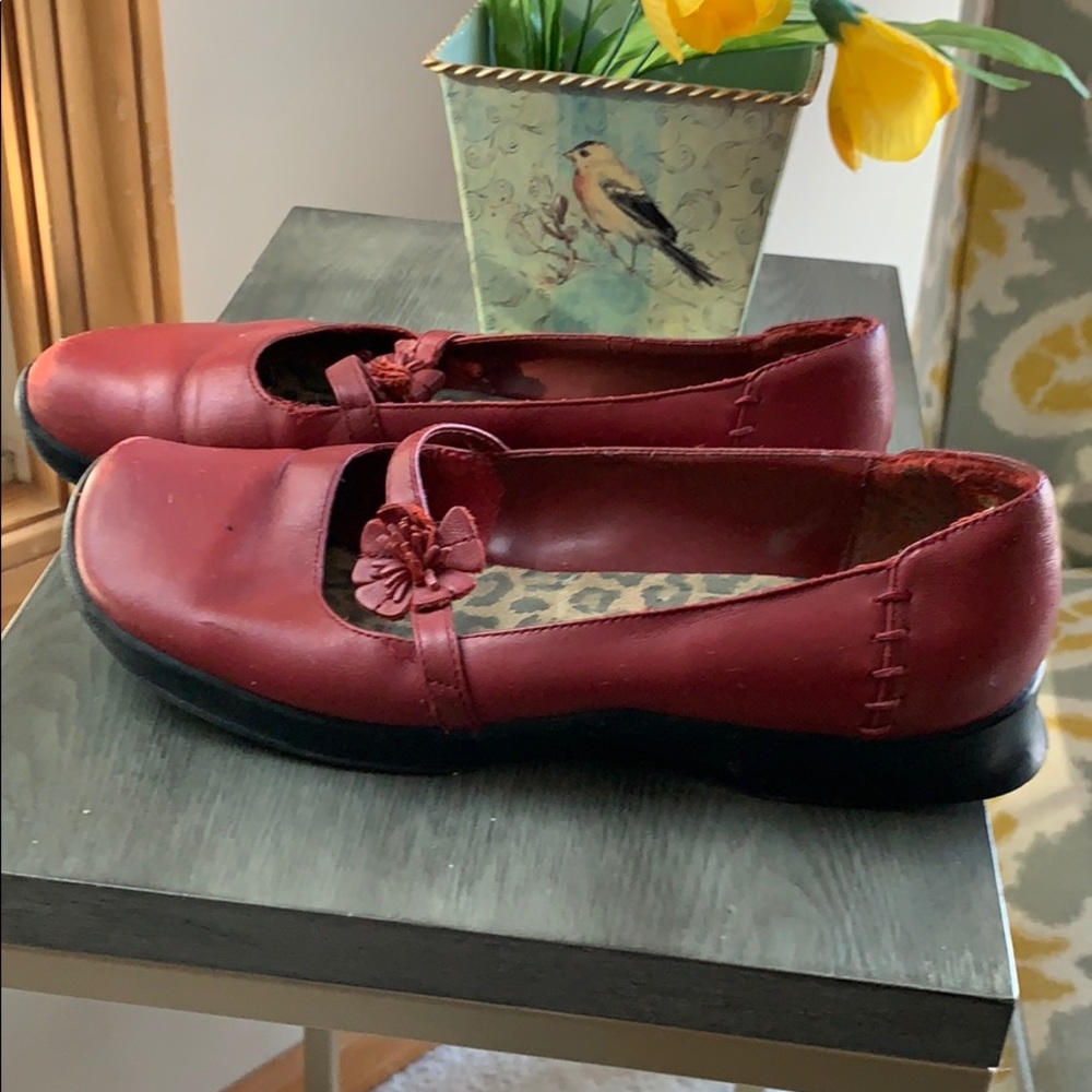 Red Mary Jane style loafers
